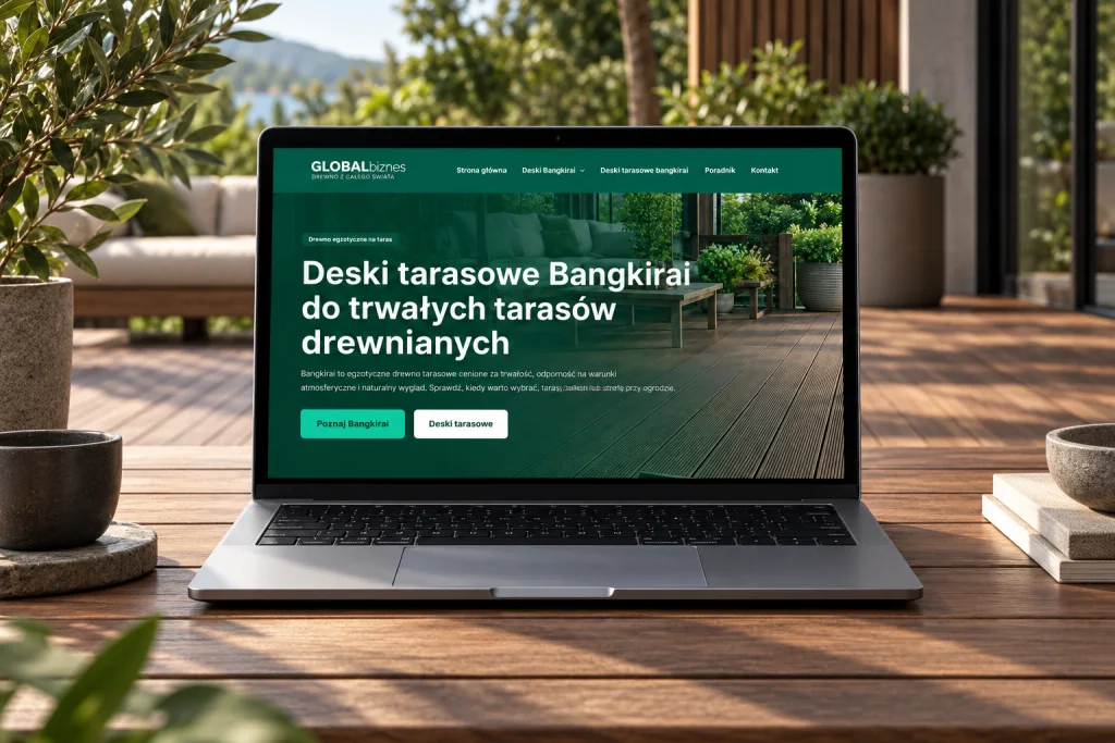 Bangkirai.eu — realizacja strony poradnikowej o drewnie egzotycznym na laptopie