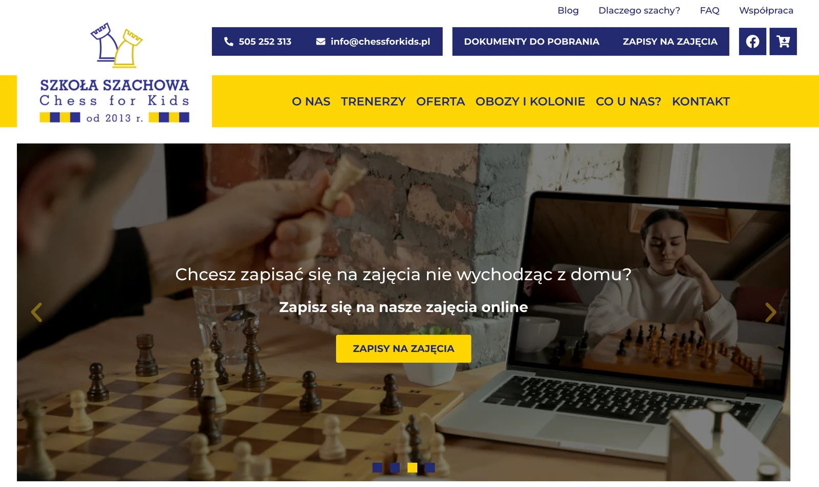 Pełny widok strony i sklepu Chess for Kids